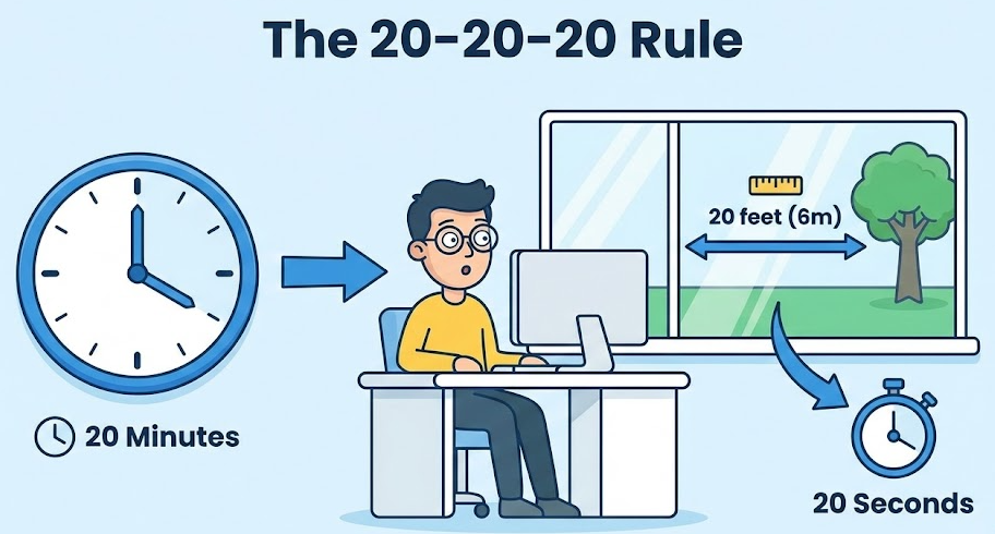 20-20-20 법칙 인포그래픽: 20분마다 6m 거리 20초 바라보기 20-20-20 법칙 인포그래픽: 20분마다 6m 거리 20초 바라보기