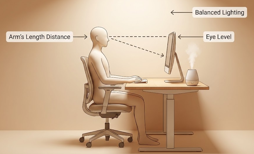 눈이 편한 모니터 높이와 각도 다이어그램: 시선이 약간 아래로 향하도록