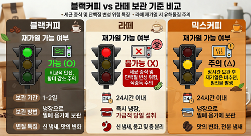 블랙커피 vs 라떼 보관 기준 비교 이미지